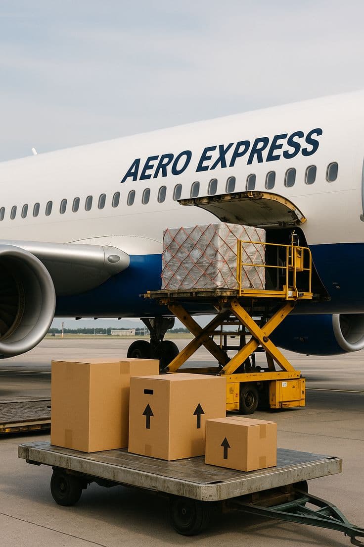 Cargo plane being loaded with palletized freight on the tarmac