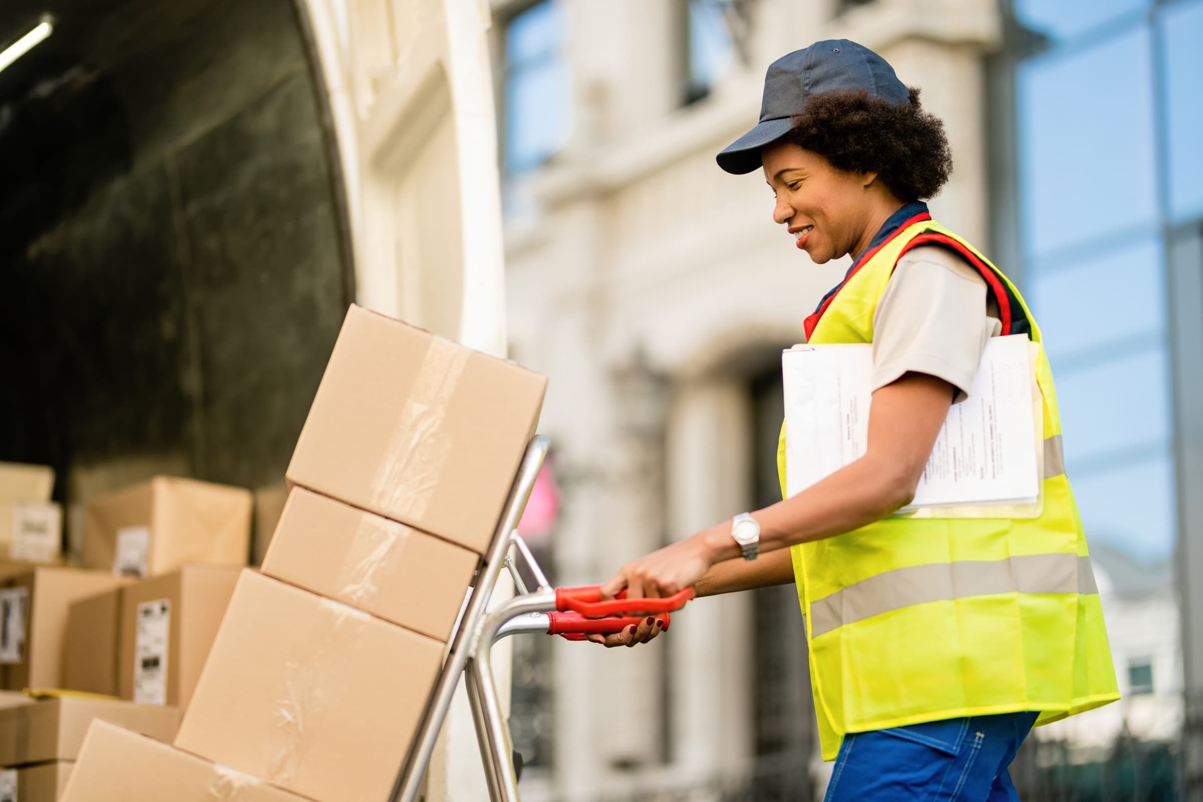 Courier delivering packages with a hand truck