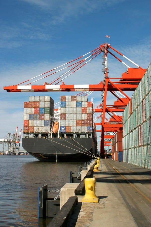 Container ship docked at port beside gantry cranes and stacked shipping containers